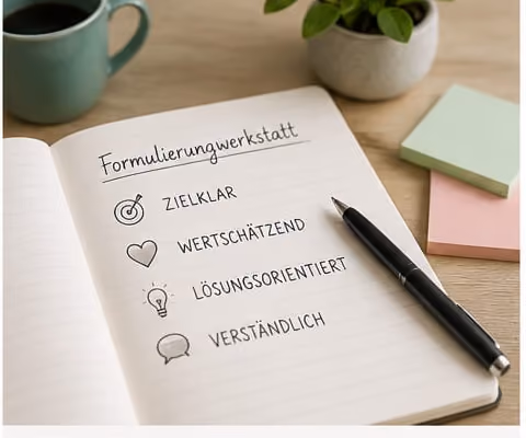 Aufgeschlagenes Notizbuch mit den Kriterien zielklar, wertschätzend, lösungsorientiert und verständlich, daneben ein Stift. KI-generierte Darstellung.