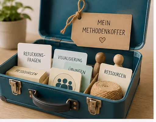 Geöffneter petrolfarbener Koffer mit Methodenkarten für Reflexionsfragen, Übungen, Visualisierung und Ressourcen. KI-generierte Darstellung.