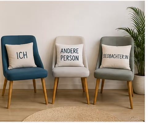 Drei Stühle nebeneinander mit beschrifteten Kissen: Ich, andere Person und Beobachter:in.