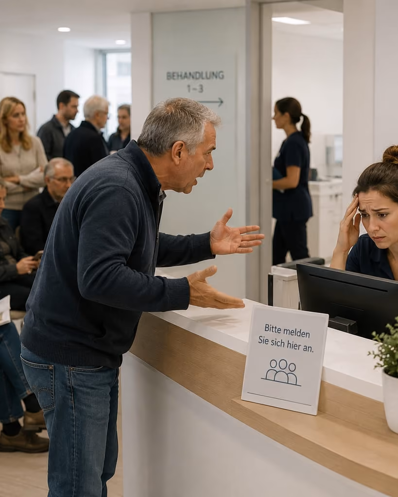 Wartebereich einer Praxis: Ein aufgebrachter Besucher gestikuliert am Empfangstresen, eine Mitarbeiterin reagiert sichtlich angespannt. KI-generierte Darstellung.