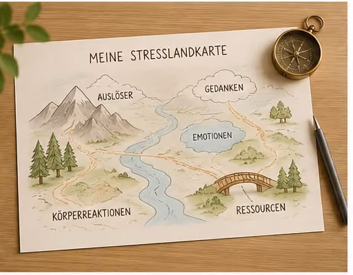Handgezeichnete Landkarte mit Fluss und Bergen und den Stationen Auslöser, Gedanken, Emotionen, Körperreaktionen und Ressourcen. KI-generierte Darstellung.