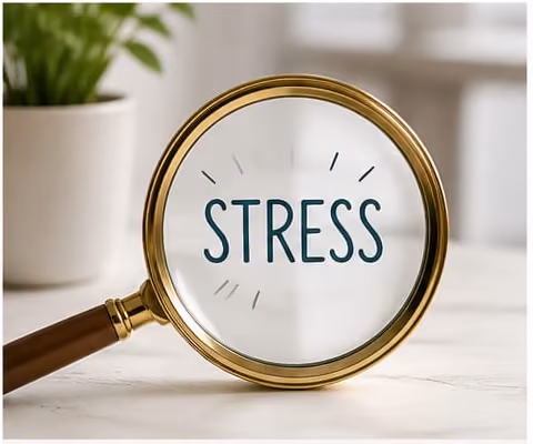 Goldene Lupe über dem handgeschriebenen Wort „Stress“ auf einem hellen Holztisch. KI-generierte Darstellung.